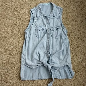 Striped Button-Up Tie Sleeveless Blouse